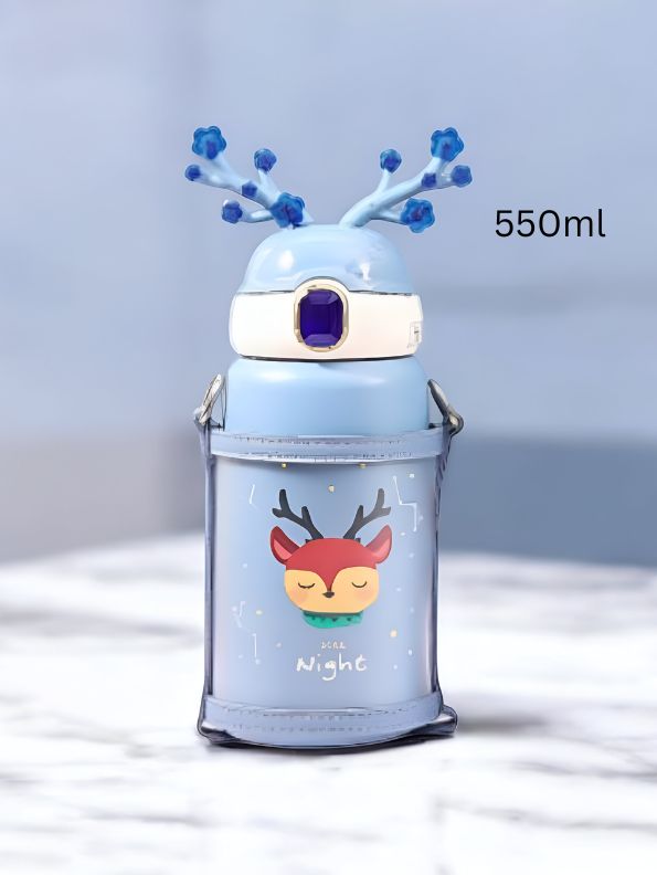 Blue - FrostySip Reindeer Horns – 550ml Stainless Steel Sipper Bottle | Cute Leakproof Water Bottle for Kids & Adults NOV5269.