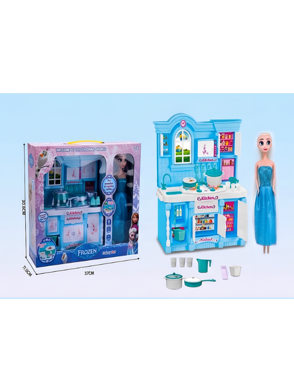 Frozen-Themed Kids Kitchen Playset with Princess Doll & Cooking Accessories – Deluxe Blue Pretend Play Toy Kitchen Set for Toddlers and Girls Age TV5604