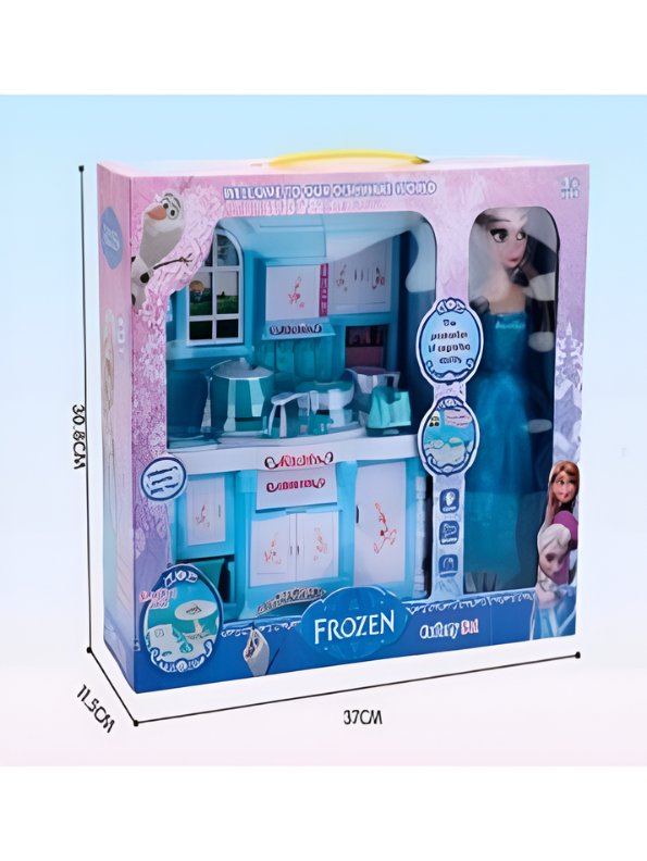 Frozen-Themed Kids Kitchen Playset with Princess Doll & Cooking Accessories – Deluxe Blue Pretend Play Toy Kitchen Set for Toddlers and Girls Age MD436