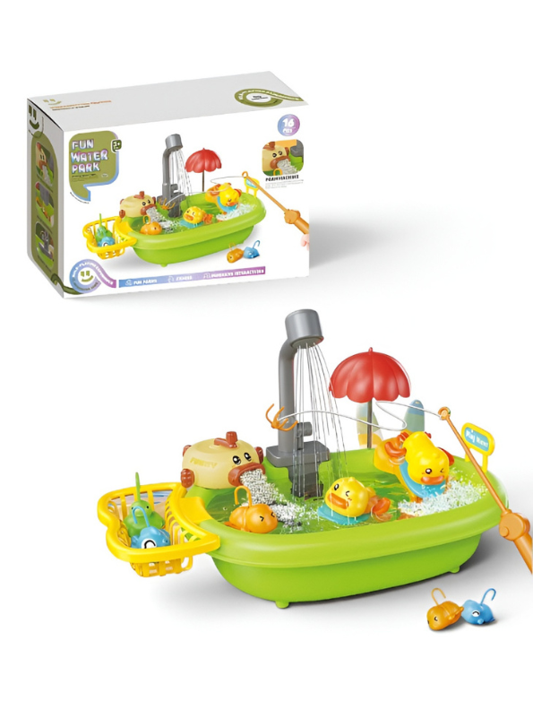 Fun Water Park Play Set | 16-Pcs Sensory Bath Toy with Foam Maker, Fishing Rods, Duck Slide & Running Water Pump for Toddlers TV6101