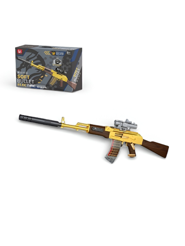 PUBG Gold AK Style Electric Soft Gun with Bullet, Scope, Silencer & Shell Ejection NX16432.