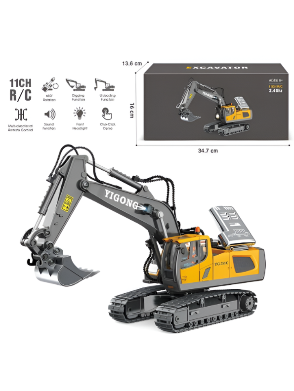 Heavy Duty RC Excavator Toy – 11-Channel 2.4GHz Remote Control Construction Truck with Alloy Bucket & Sturdy Tracks – All-Terrain Toy Vehicle TV7212