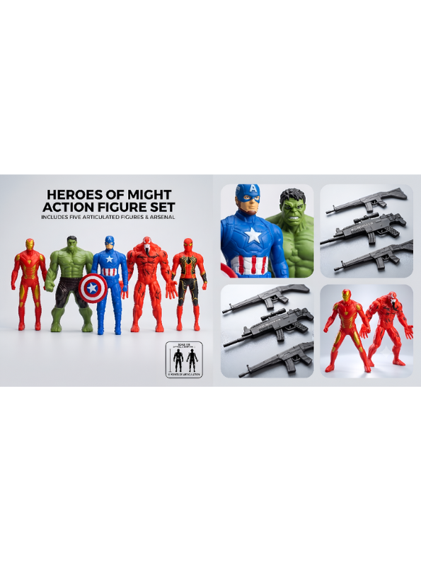 Heroes of Might Superhero Action Figure Set (5-Pack) with Toy Assault Rifles & Shield LMI15650