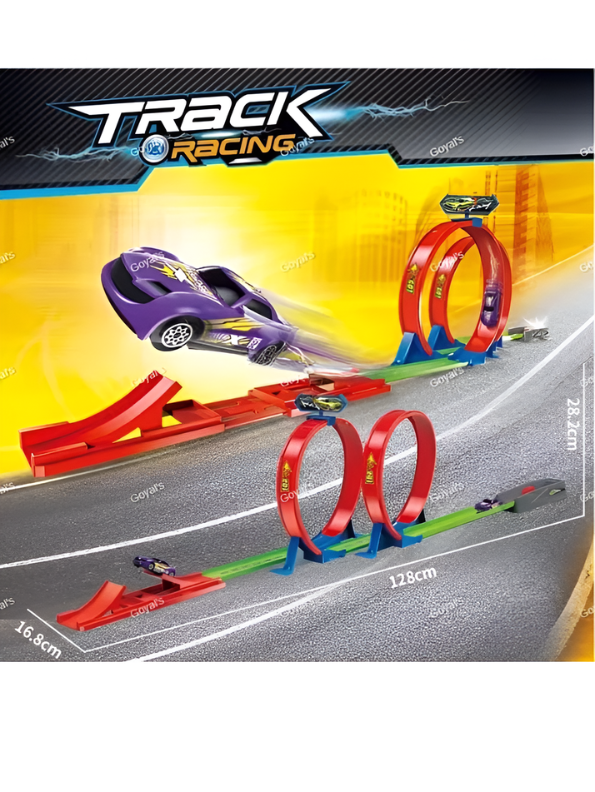 High-Speed Track Racing Toy Set with 360° Double Loop Circuit, Launch Ejection & Jumping Ramp – Inertia Powered Stunt Car Playset MD52