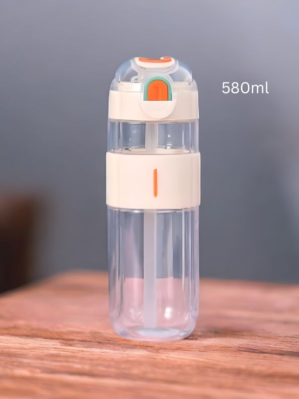 White - HydroMate – 580ml Plastic Water Bottle with Push-Button Sipper and Straw NOV5267.