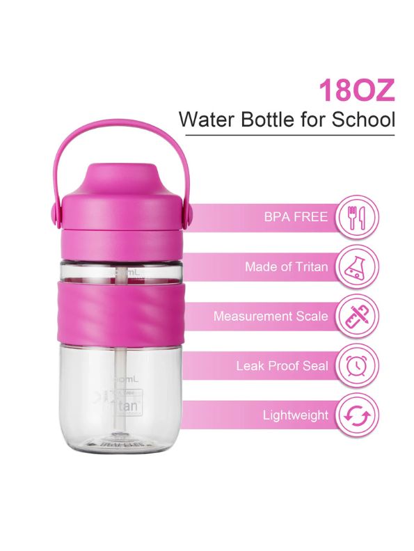 Pink - HydroSip Junior – 550ml Kids Water Bottle with Straw & Handle | Leak-Proof, BPA-Free Tritan Sports Bottle for School, Travel & Outdoors NOV3305.