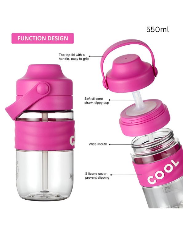 Pink - HydroSip Junior – 550ml Kids Water Bottle with Straw & Handle | Leak-Proof, BPA-Free Tritan Sports Bottle for School, Travel & Outdoors NOV3305.