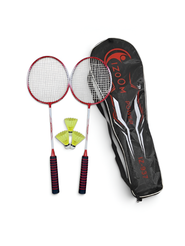 IZOOM POWER IZ-937 Lightweight Badminton Racket Set of 2 with 1 Durable Nylon Shuttlecocks and Red Full Carry Bag Cover - Perfect for Kids, Beginners & Outdoor Recreational Play LMI14273