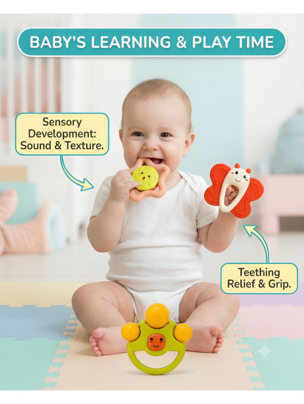 Infant Sensory Rattle & Teether Toy Set (3-Piece) – Gentle Teething Relief & Grip Training LMI16892