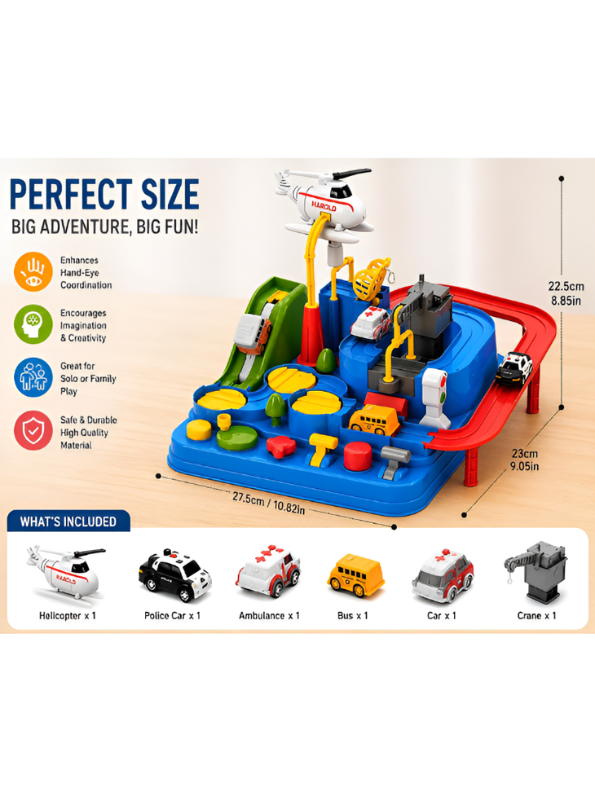 Interactive Car Adventure Track Toy Set with Magnetic Helicopter & Mini Rescue Vehicles MD405.