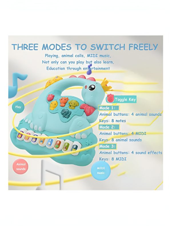 Interactive Dinosaur Piano Toy for Toddlers, Musical Electronic Organ with Animal Sounds, 8 Numbered Keys & 3 Play Modes NX13788.