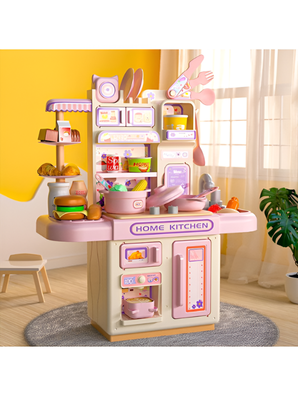 Interactive Toddler Kitchen Toy Set (33 Pcs) – Pretend Play Cooking Station with Real Water Flow, Lights, Steam Mist & Food Accessories MD701