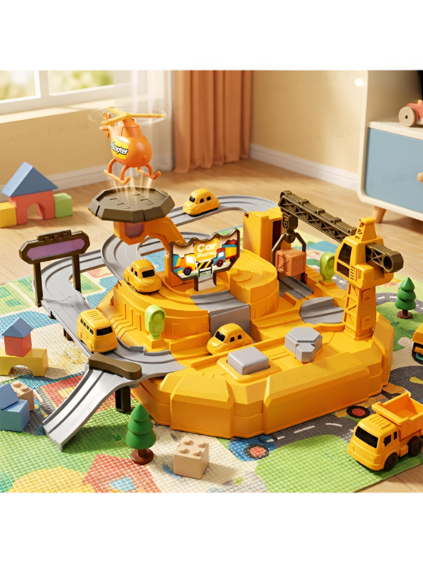 Interactive Rail Car Adventure Toy Set - 2-in-1 Rescue Track Playset with Crane, Helicopter & Mini Cars MD217.