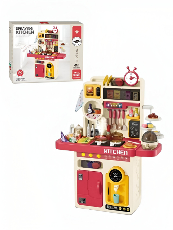 Interactive Kids Kitchen Playset 89PCS with Realistic Steam, Water Spray Sink, Lights & Sounds, Oven and Dessert Shelf – Pretend Play Toy for Toddlers NX13525