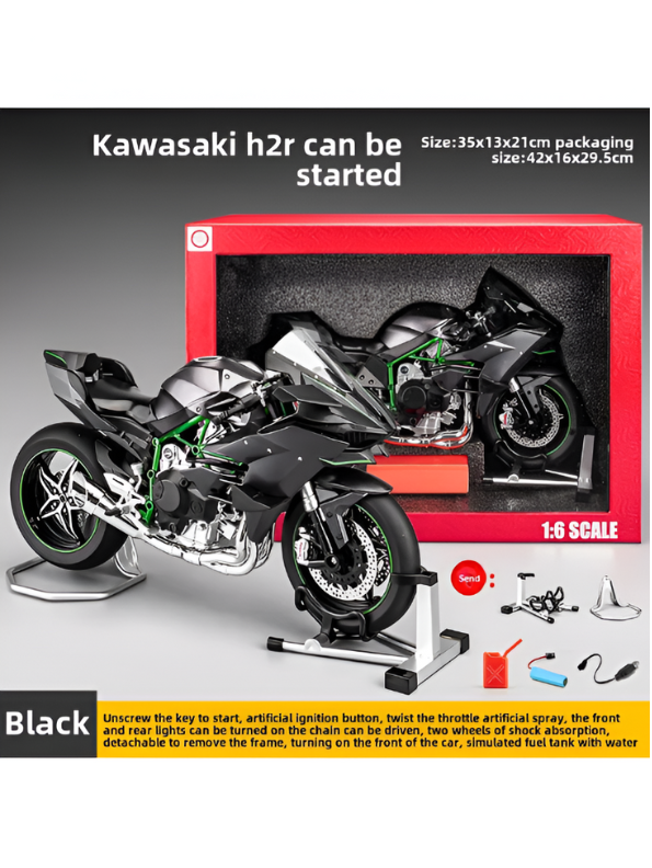 Kawasaki Ninja H2R 1/6 Scale Diecast Bike Model – Metal Collectible Motorcycle Replica with Moveable Parts & Stand - Black TV5903.