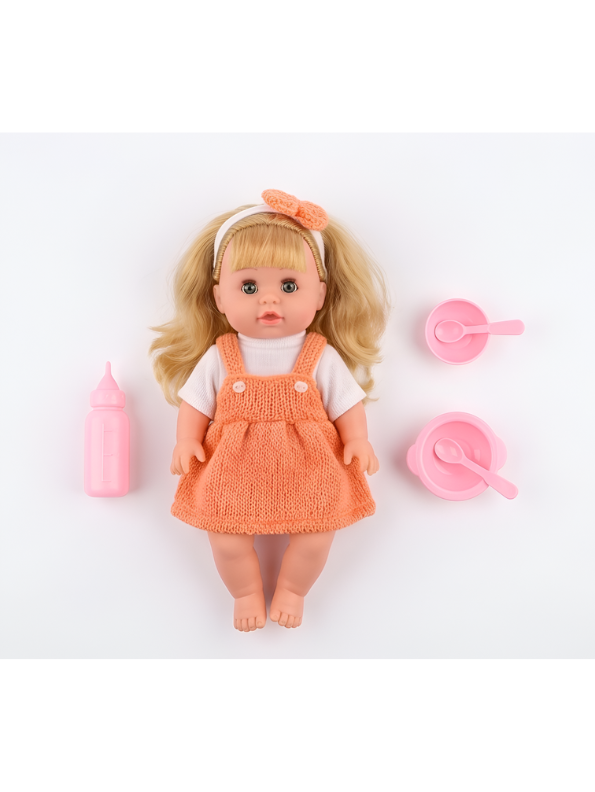 LOVELY Interactive Baby Doll Set – Blonde Doll with Overall Dress, Hair Bow, Toy Feeding Bottle & Pacifier TV3646