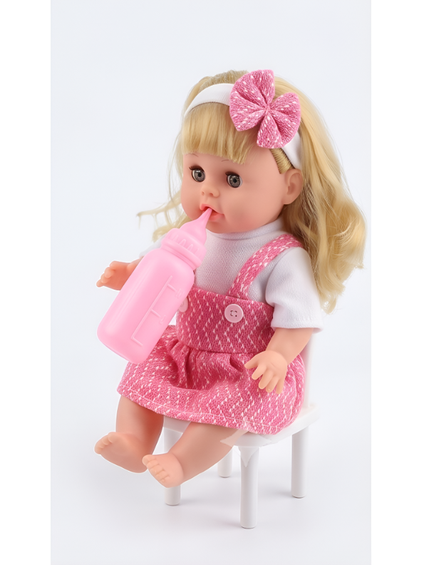 LOVELY Interactive Baby Doll Set – Blonde Doll with Pink Overall Dress, Hair Bow, Toy Feeding Bottle & Pacifier TV3646