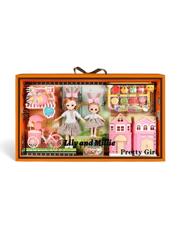 Lily and Millie Doll Playset with Bunny Ears, Sweet Shop, Pink Dollhouse, Bicycle Cart & Accessories – Kids Pretend Play Toy Set NX13117.