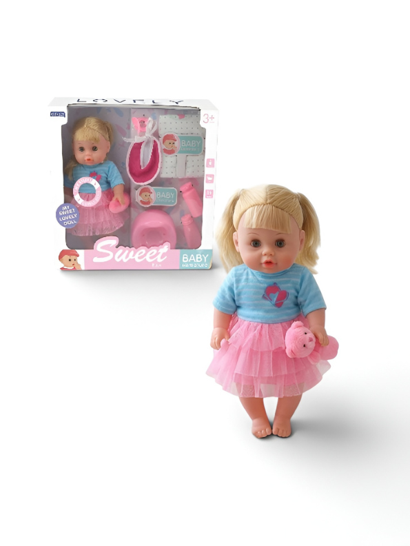 Lovely Pretend Play Baby Doll Set – Blonde Doll in Pink Bottle, and Pacifier TV3648