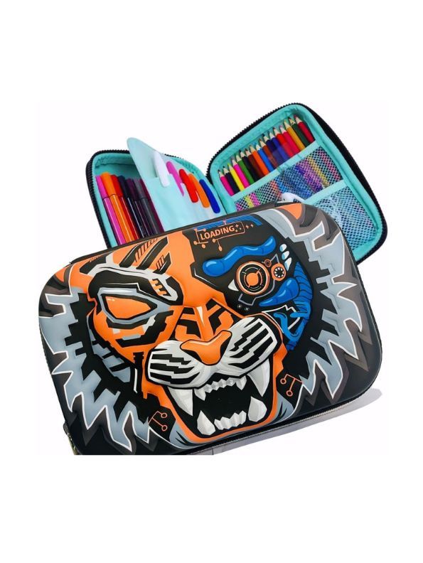 Orange - MechaRoar – Robotic Tiger Face Pouch for Kids | Single Chain Pencil Case | Futuristic & Wild Animal Theme Bag NOV8743.