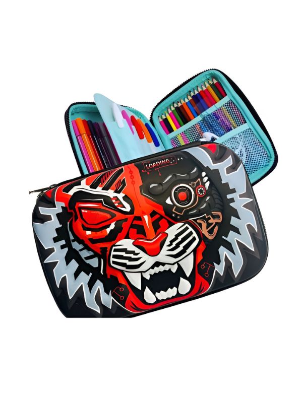 Red - MechaRoar – Robotic Tiger Face Pouch for Kids | Single Chain Pencil Case | Futuristic & Wild Animal Theme Bag NOV8743.