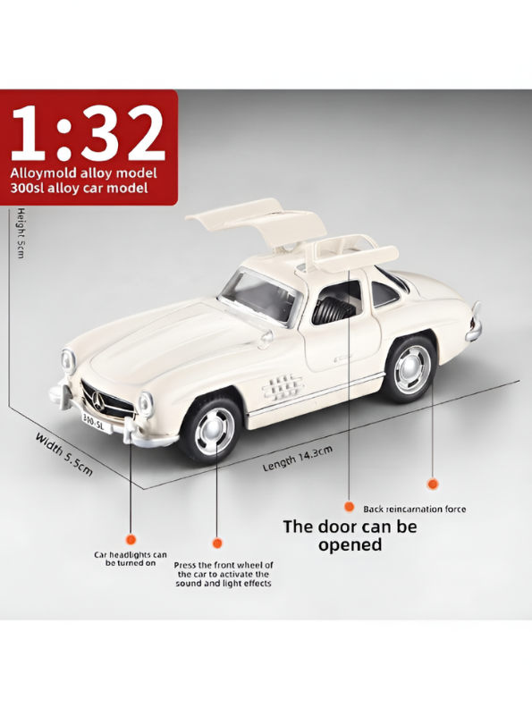 Mercedes-Benz 300SL White Diecast Alloy Model Car 1:32 Scale with Acrylic Display Box MD26