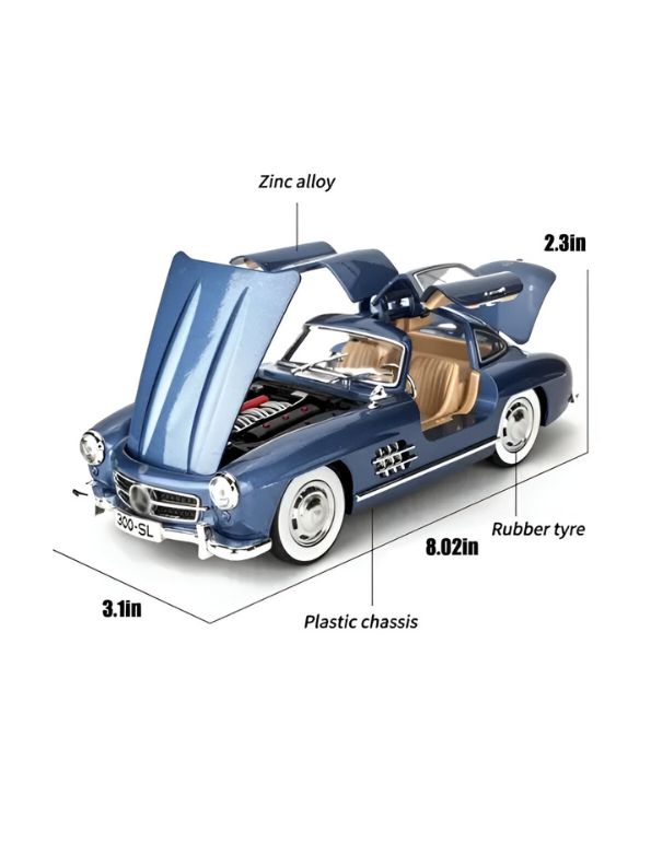 Mercedes Benz 300 SL Gullwing Model Diecast Car Scale 1:24 - Blue - Acrylic Transparent Box .