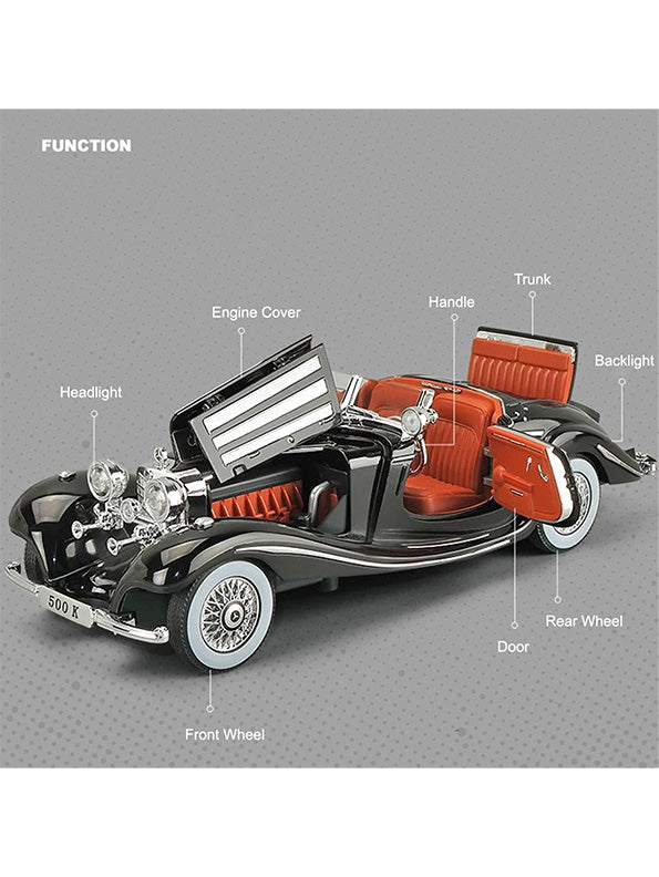 Mercedes Benz 500K Model 1:24 Scale Diecast Car - Black Metal Collectible | NX-N-24 - Toyloft
