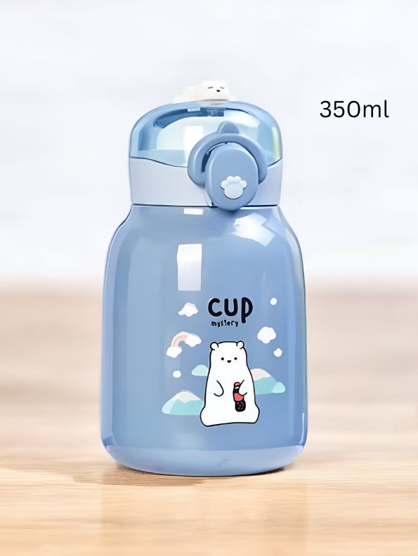 Blue - Mia Cute Bear Print Water Bottle 350ml – Adorable Bear Lid Design, Leak-Proof & Portable NOV3293.