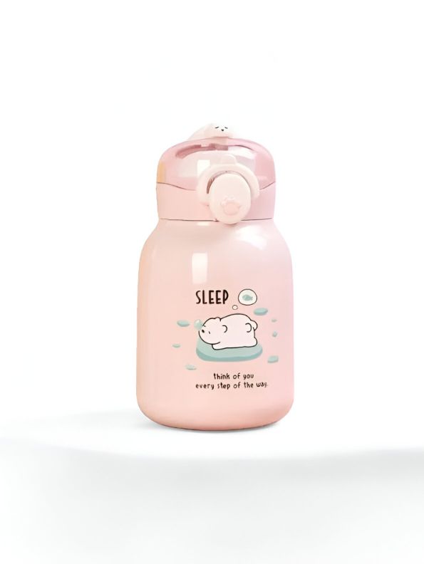Pink - Mia Cute Bear Print Water Bottle 350ml – Adorable Bear Lid Design, Leak-Proof & Portable NOV3293.