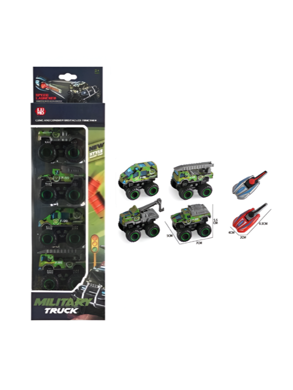 Military Monster Truck Toy Set - 4 Pack Camouflage Vehicles with Speed Launchers NX16312