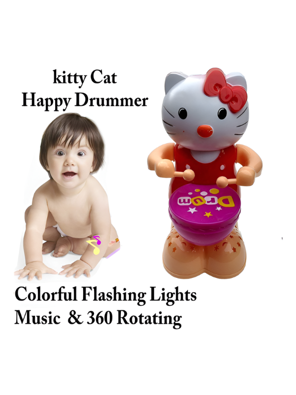 Musical Kitty Cat Happy Drummer Toy with Flashing LED Lights and 360-Degree Rotation, Bump-and-Go Action Toy for Infants and Toddlers LMI9691