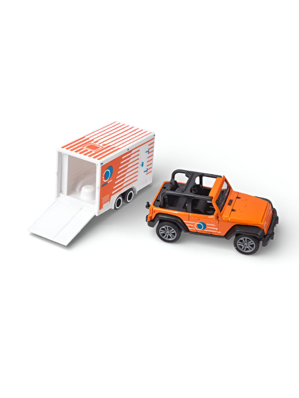 Orange Miniature Off-Road SUV Toy with Truck & Trailer Set – Adventure Vehicle Playset.