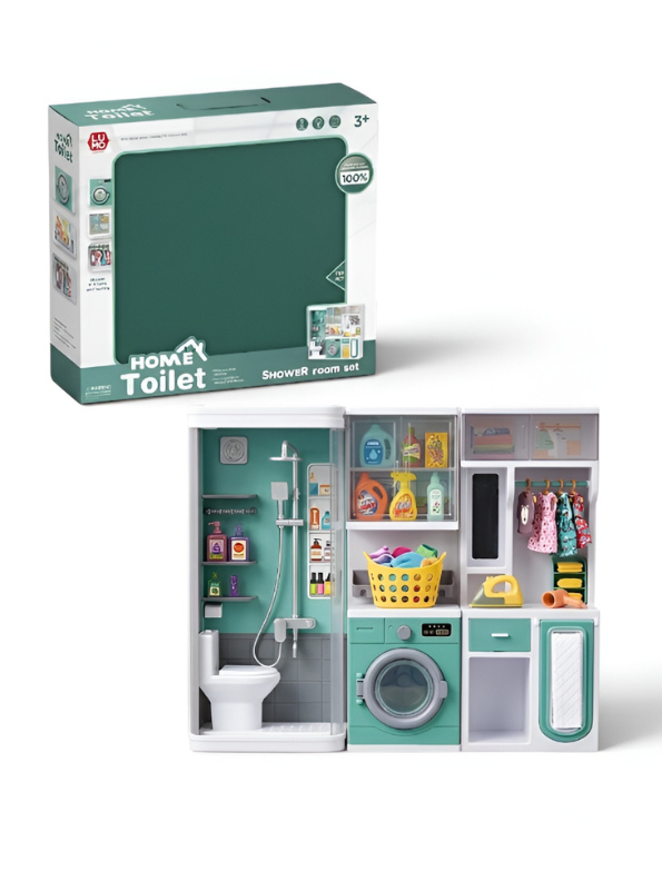 Interactive Home Toilet & Shower Room Playset with Miniature Washing Machine and Laundry Accessories NX13515