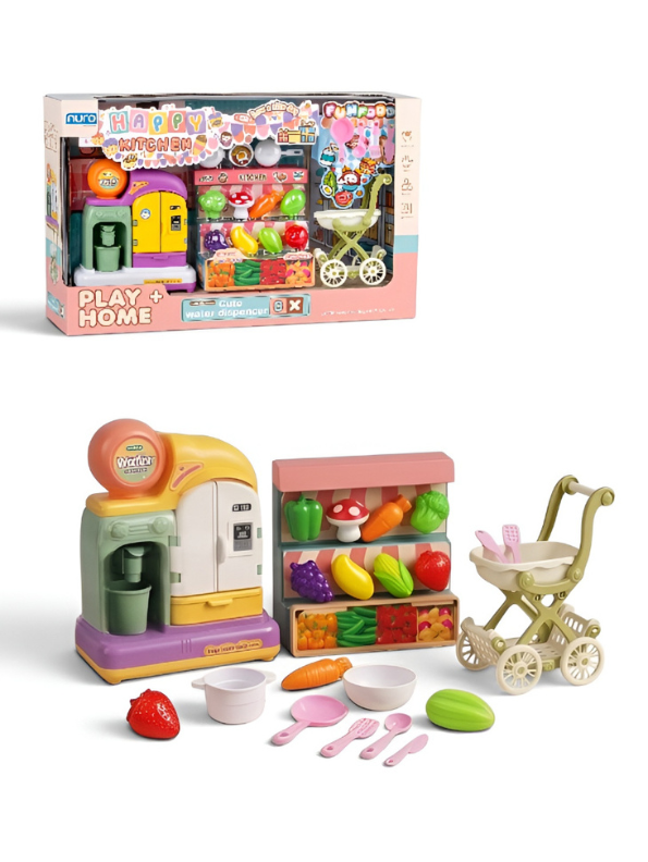 Happy Kitchen & Grocery Store Playset with Mini Water Dispenser, Shopping Cart, Pretend Food Vegetables, and Cooking Utensils Toys for Toddlers NX16756