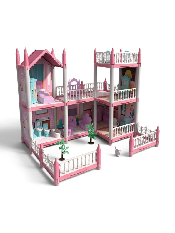 Pink Princess Dollhouse Playset with Furniture Accessories & Courtyard Fence – 2-Story Modular Dream House Toy for Girls Age 3+ TV5392