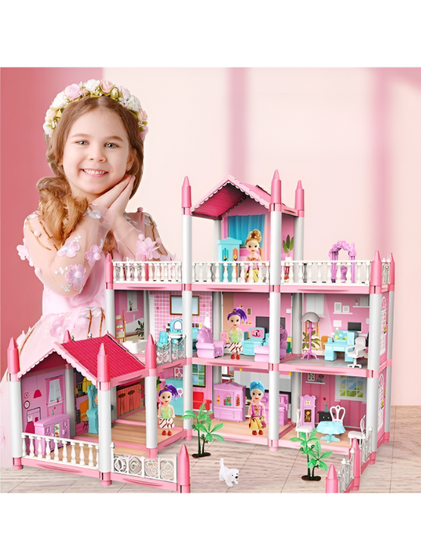 Pink Princess Dollhouse Toy Set with Furniture, Dolls, Puppy & LED Lights TV5481.