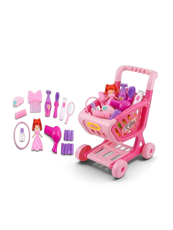Pink Supermarket Shopping Cart Toy Set – Pretend Play Beauty Salon & Hair Styling Trolley for Girls MD223
