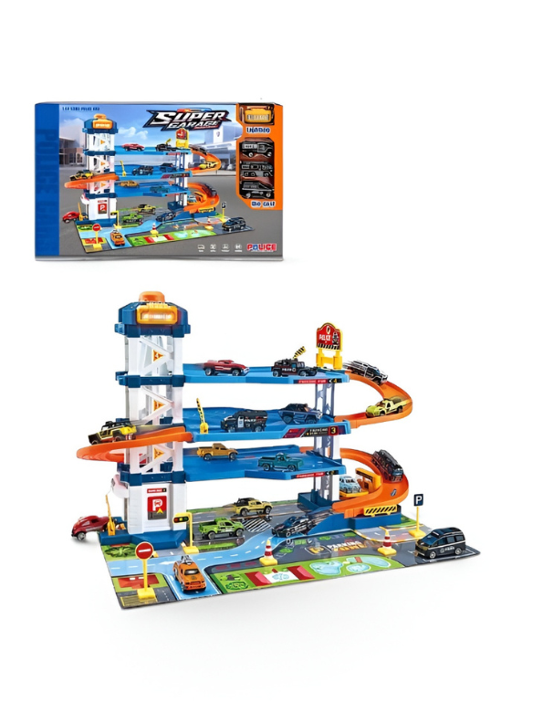 Police Car Garage Playset with Parking Tower, Spiral Ramp & Cars NX15618.
