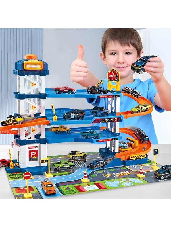 Police Car Garage Playset with Parking Tower, Spiral Ramp & Cars NX15618.