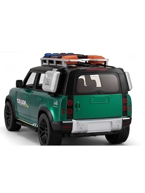 Diecast Land Rover Defender Toy Car - Green Police & Off-Road SUV Model with Roof Rack, Sound & Light Effects for Kids and Collectors NX15387