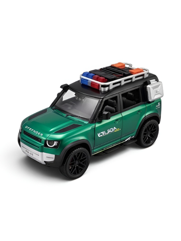 Diecast Land Rover Defender Toy Car - Green Police & Off-Road SUV Model with Roof Rack, Sound & Light Effects for Kids and Collectors NX15387