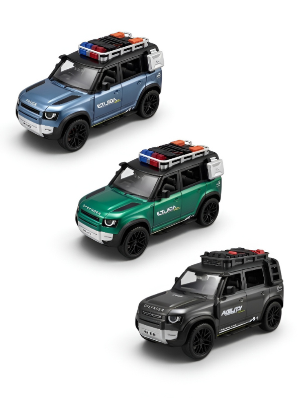 Pack Of 3 Diecast Land Rover Defender Toy Car - Police & Off-Road SUV Model with Roof Rack, Sound & Light Effects for Kids and Collectors NX15387