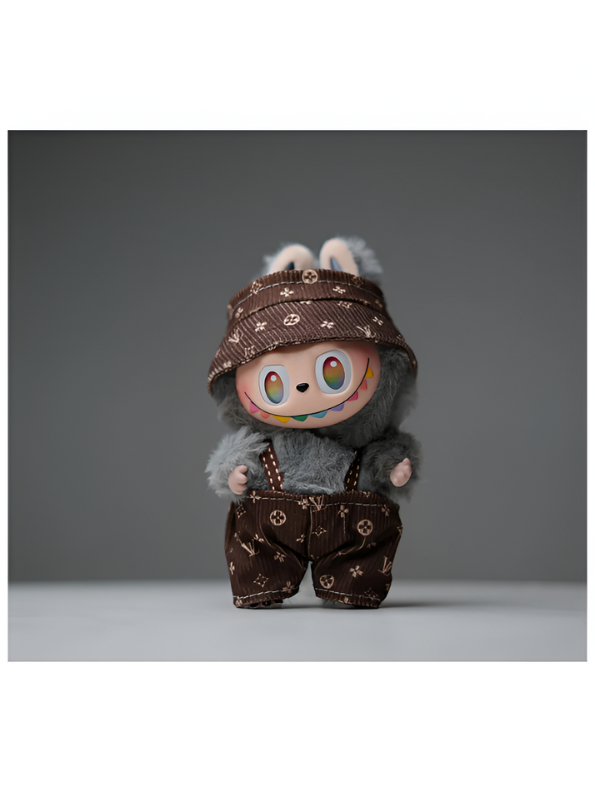 Brown - Pop Mart Labubu Doll in Luxe Monogram Outfit | Designer Style Plush Art Toy | Collectible Fashion Figure with Overalls & Hat.
