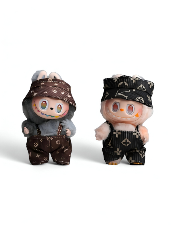 Brown - Pop Mart Labubu Doll in Luxe Monogram Outfit | Designer Style Plush Art Toy | Collectible Fashion Figure with Overalls & Hat.
