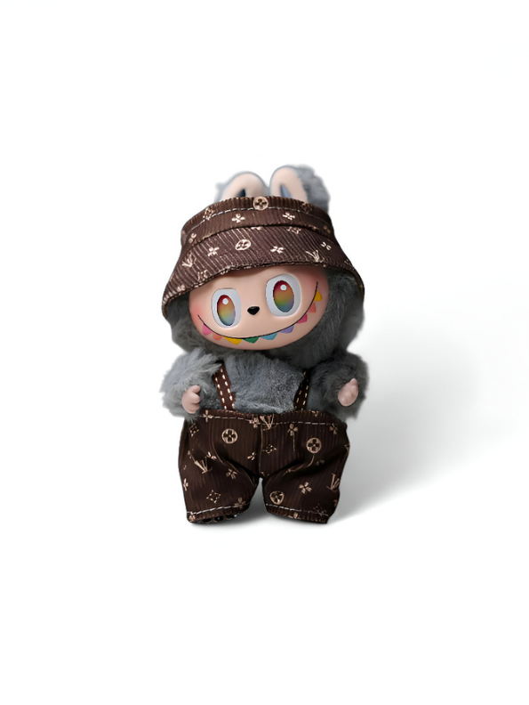 Brown - Pop Mart Labubu Doll in Luxe Monogram Outfit | Designer Style Plush Art Toy | Collectible Fashion Figure with Overalls & Hat.