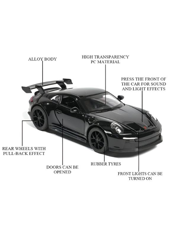 Black - Porsche 911 GT3 Alloy Car Model – Supercar Toy with Pull Back Action for Kids & Collectors Scale 1:32.