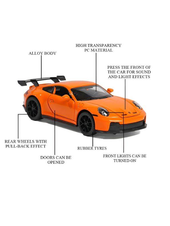 Orange - Porsche 911 GT3 Alloy Car Model – Supercar Toy with Pull Back Action for Kids & Collectors Scale 1:32.