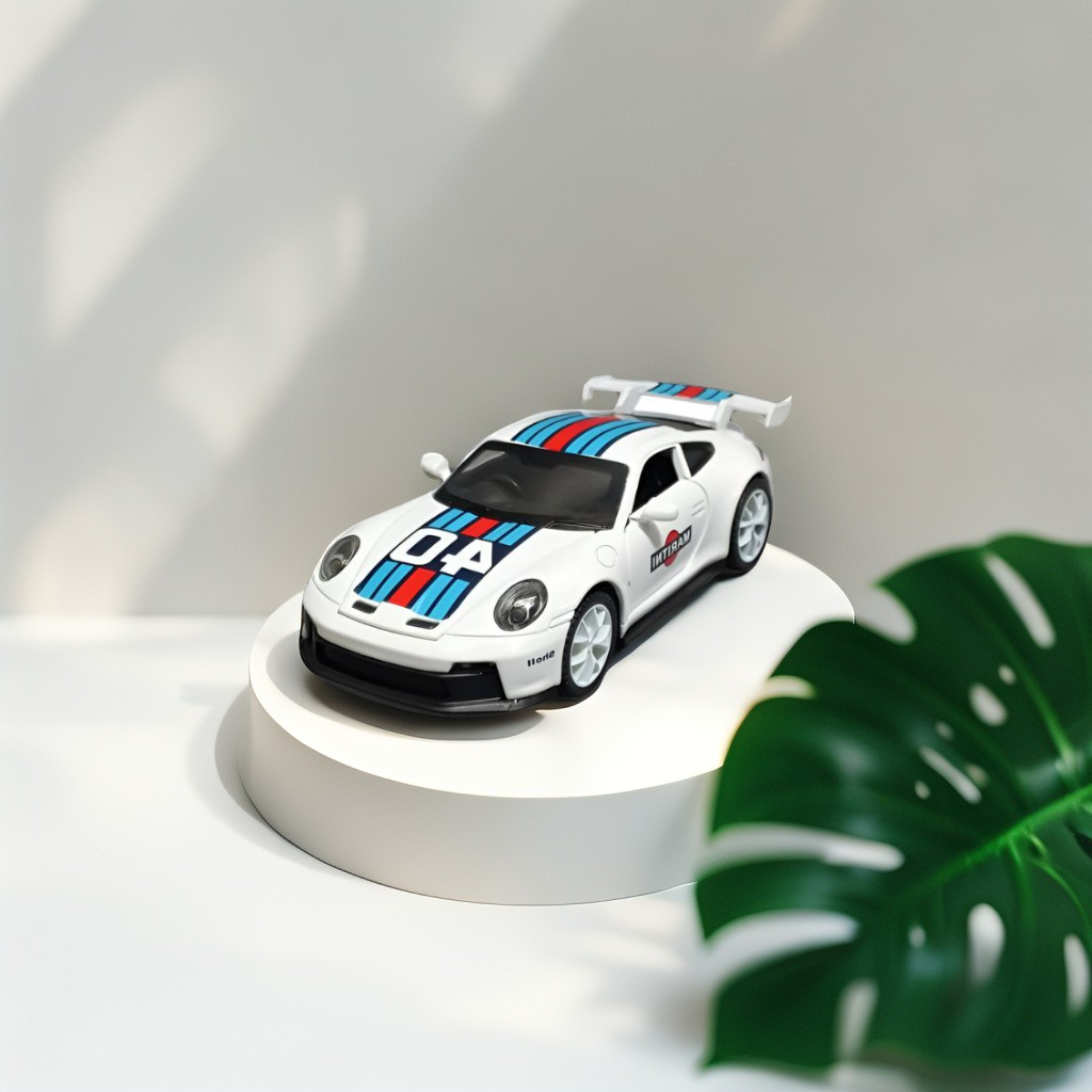 White - Porsche 911 GT3 RS Martini – Supercar Toy with Pull Back Action for Kids & Collectors F21008 Scale 1:32 - Acrylic Transparent Box.
