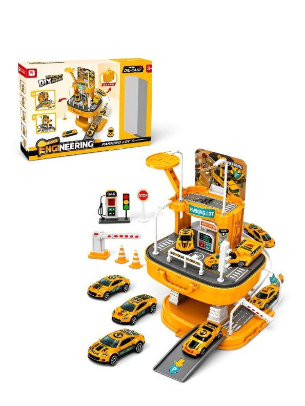 Portable 2-in-1 Engineering Car Garage Suitcase Play Set | Multi-Tier DIY Parking Lot Track Toy with Die-Cast Vehicles & Accessories for Toddlers TV6777